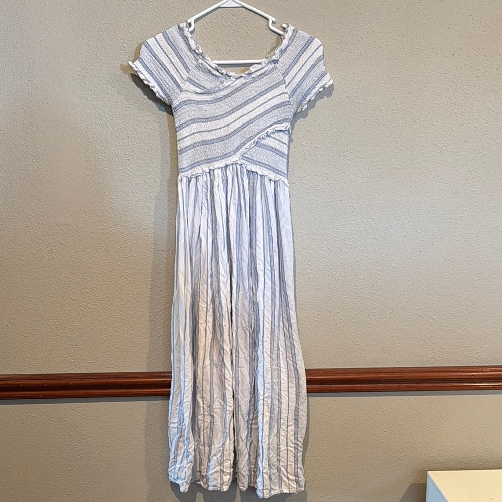 Blue and White Pleated Wrap Maxi Dress